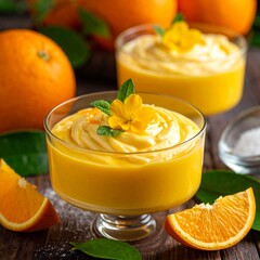 Creamy Tropical Mango Passion Fruit Mousse Dessert Served in a Glass Bowl