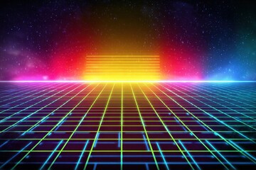 Vibrant Retro Synthwave Grid with Neon Lights and Starry Background