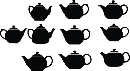 Collection of teapot silhouette icons in various shapes and designs, perfect for kitchen decor, tea themes, beverage graphics and minimalist illustrations