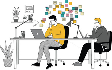 Modern collaborative office workspace illustration with two focused colleagues working on laptops, creative environment, productivity concept, teamwork and professional workflow