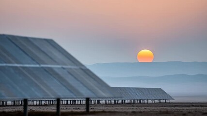 Solar panel energy farm sunset and sunrise with mountain views