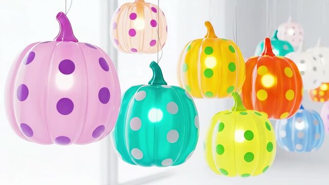 Colorful decorative dotted pumpkins hanging on light background footage