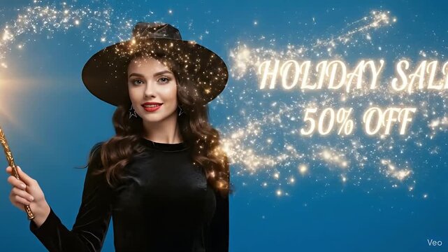 A captivating woman, dressed in an elegant black outfit and a stylish pointed hat, radiates charm as she conjures a sparkling "Holiday Sale 50% Off" display with her magic wand. Set against a vibrant 
