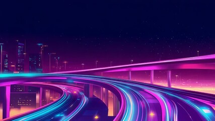 Urban highway at night with vibrant neon light trails - Powered by Adobe