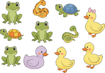 Naklejka premium Cute cartoon collection of baby frogs, turtles, snakes and ducklings in colorful adorable style for kids education, nursery design and illustrations