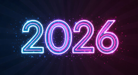 Futuristic glowing neon number 2026 sign in vibrant blue and pink lights with sparkles for a new year celebration