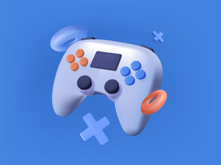 Gaming Controller On Blue Background. Glossy Game Controller. Bright blue Game Controller with Buttons Floating. Perfect For Esports, Tournaments, And Game Interfaces. 3D render Vector Illustration