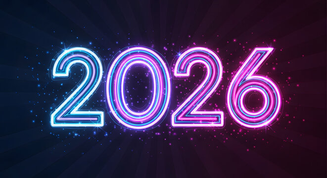 Futuristic glowing neon number 2026 sign in vibrant blue and pink lights with sparkles for a new year celebration