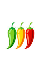 Three peppers in different colors side by side on transparent background