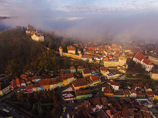 Colorful Aerial View of Sighișoara Old Town in Transylvania, Romania