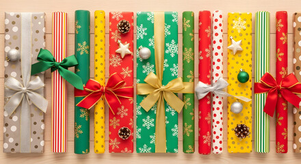 Handmade wrapped red, green gift boxes decorated with ribbons, snowflakes and numbers, Christmas decorations and decor on white table Xmas advent calendar concept Top view Flat lay Holiday card, Woman