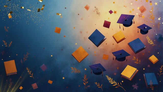 Blue Stars and Moon Galaxy Zoom Virtual Background, Academic achievement celebration with scholarly motifs and graduation themes Caps up, hearts full, future bright