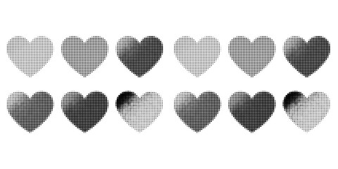 Halftone heart shapes design elements set (monochrome)