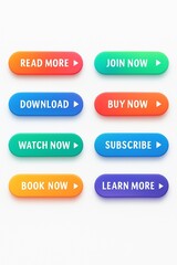 A collection of eight colorful call-to-action buttons with various text labels and arrow icons.