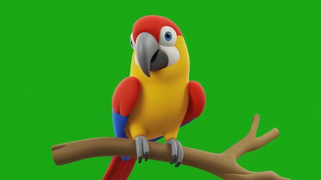 A 3D parrot perched on a branch, with a green screen background, ready for compositing into any environment.