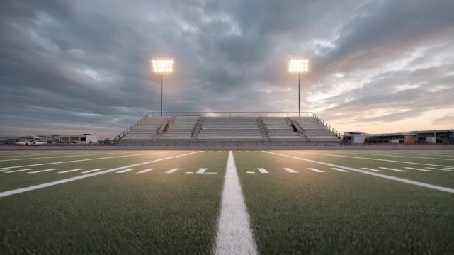 Football field with empty bleachers and stadium lights glowing cloudy