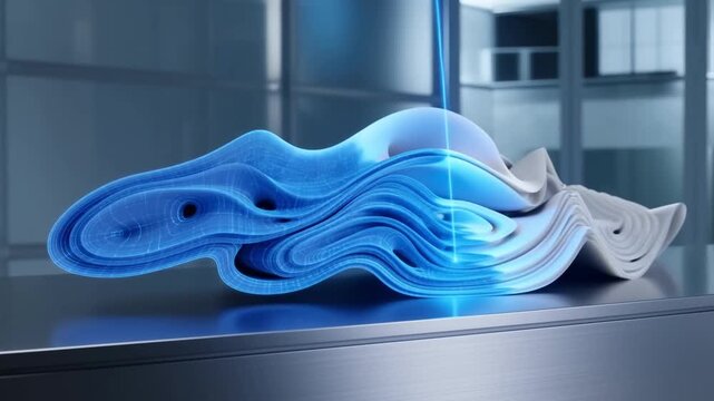 A blue laser scan beam moving over a 3d printed organic structure revealing internal layers concept of non invasive scanning and digital modeling