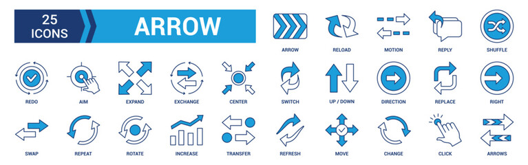 Arrow icon set. Containing cursor arrow, change, transfer, switch, swap, exchange, up, down and refresh symbol icons. Blue icon collection.
