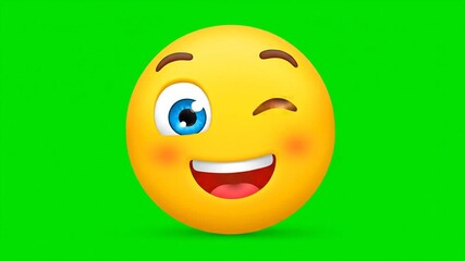 A vibrant yellow winking emoji with a wide smile and rosy cheeks set against a bright green screen perfect for expressing playfulness and humor in digital content and social media. - Powered by Adobe