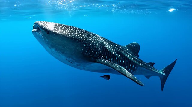 Majestic Whale Shark Swims Gracefully Through Deep Blue Ocean Water Sunbeams Dappling Surface Wildlife Underwater