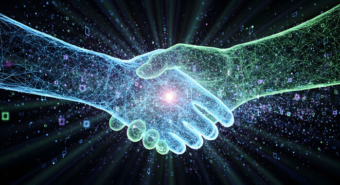 Vibrant digital handshake symbolizing a powerful network connection, collaborative innovation, and the future of technological partnership in a globalized world