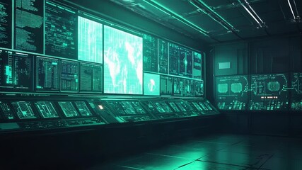 Futuristic control room managing data processing and network surveillance - Powered by Adobe