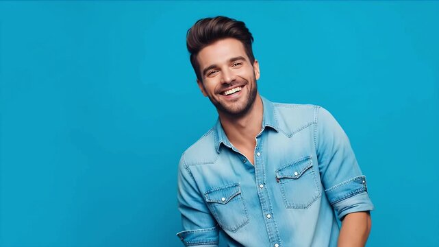 A cheerful and attractive young man laughs heartily, radiating genuine happiness with a wide, infectious smile. Dressed in a casual denim shirt, he stands confidently against a vibrant, solid blue bac