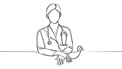 Single line drawing in modern minimalist style of healthcare workers team on white background