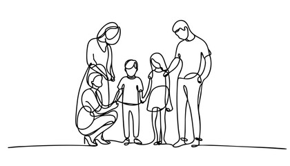 Single line drawing in modern minimalist style of family support and unity for World Cancer Day on white background with copy space
