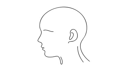 Single line drawing in modern minimalist style of bald head symbol for World Cancer Day on white background with copy space