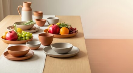 Still life presentation of diverse food and tableware on a minimalist setting