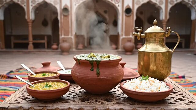 Indian food palak paneer with rice and curry in traditional clay pots and golden kettle