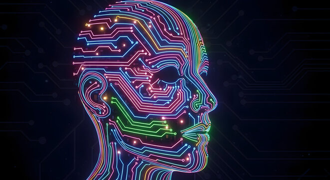 Vibrant neon circuit board lines forming a human head profile, representing the intricate connection between technology, data, and the digital mind - Powered by Adobe