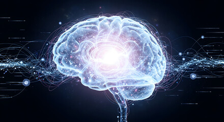 Digital consciousness and artificial intelligence concept represented by a glowing human brain with data streams and networks