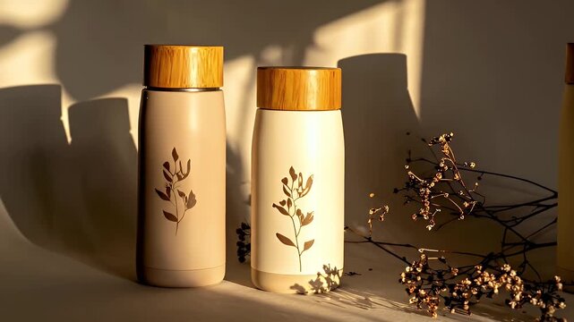 Three Tall Water Bottles with Wooden Lids and Botanical Engravings Bathed in Golden Hour Sunlight