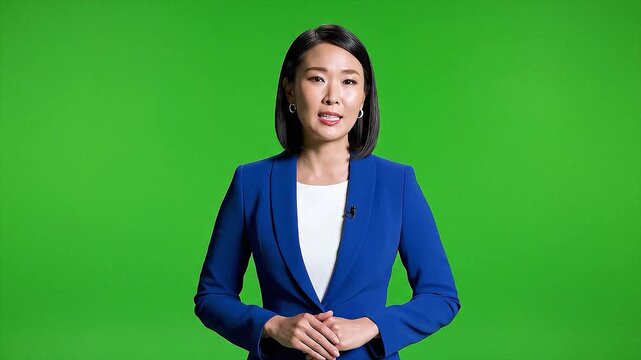 Female presenter delivering a professional broadcast-style speech in front of a green screen.