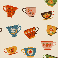 Seamless pattern with decorative vintage teacups in warm folk-art style. Colorful floral and whimsical motifs on a light background, perfect for textiles, packaging, kitchen d&eacute;cor, and greeting design