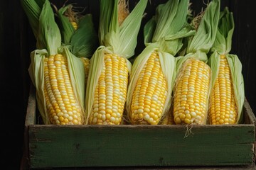 A rustic wooden crate filled with fresh, yellow corn cobs, their kernels glistening under the light.