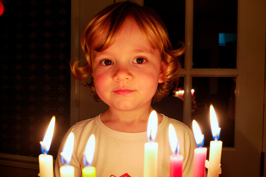 Portrait of Caucasian child looking into camera, standing behind row of brightly lit candles, soft facial expression, warm indoor setting, gentle light illuminating face - Powered by Adobe