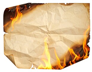 Crumpled antique parchment sheet on fire, with flames and burn marks