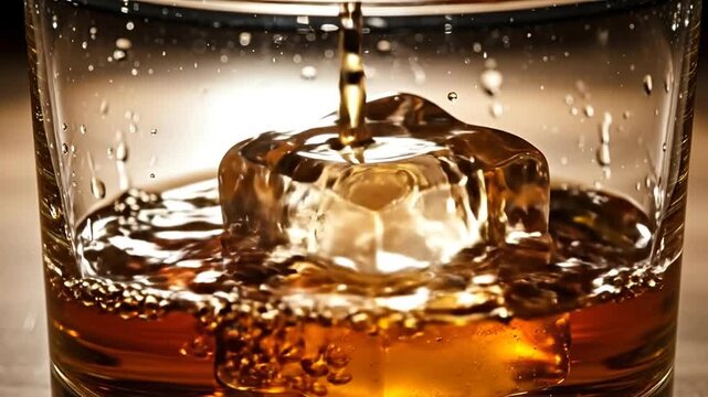 Amber Spirit Being Poured Over A Large Ice Cube In A Glass With Water Droplets On The Side