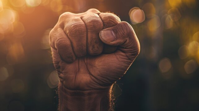 Close-up of a clenched fist of a dark-skinned adult person with blurred warm background, symbolizing strength and unity.