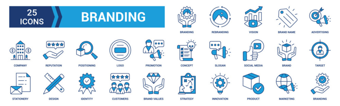 Branding icon set. Containing marketing, product, brand value, design, logo, brand development, social media, advertising and loyal customers icons. Blue icon collection.
