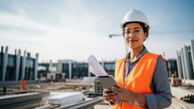 Confident female construction engineer wearing hard hat and safety vest holding blueprints at a building site