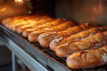 A bustling bakery scene with a variety of freshly baked bread and pastries displayed on shelves and counters, with a warm and inviting atmosphere.