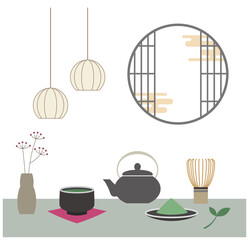 抹茶を楽しむ和モダンな空間のイラスト素材