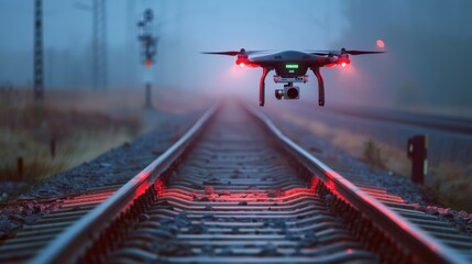 Naklejka premium A drone hovers above railway tracks in a foggy environment. The scene captures the technology of drones in transportation settings.