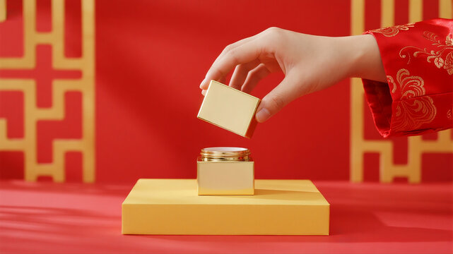 A faceless person's hand in a traditional shirt gently places a small blank gold product onto an empty yellow podium against a festive red patterned background
