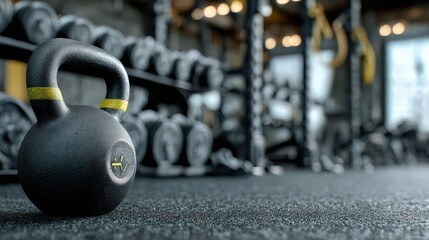 Kettlebell foreground with yellow accent amid weight plates and rack on gym floor