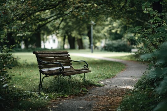 Lonely bench in a tranquil park scene surrounded by trees and grass